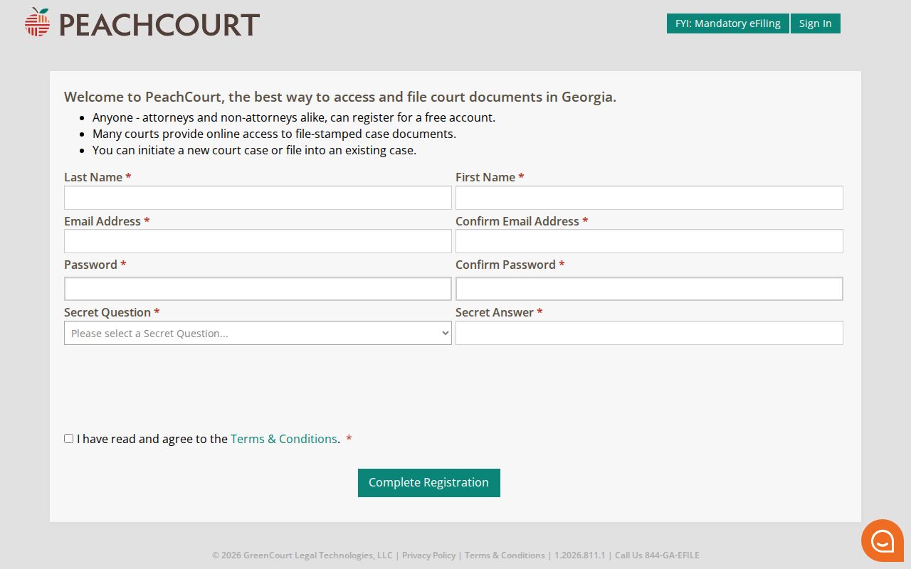 PeachCourt registration form for Atkinson County docket access