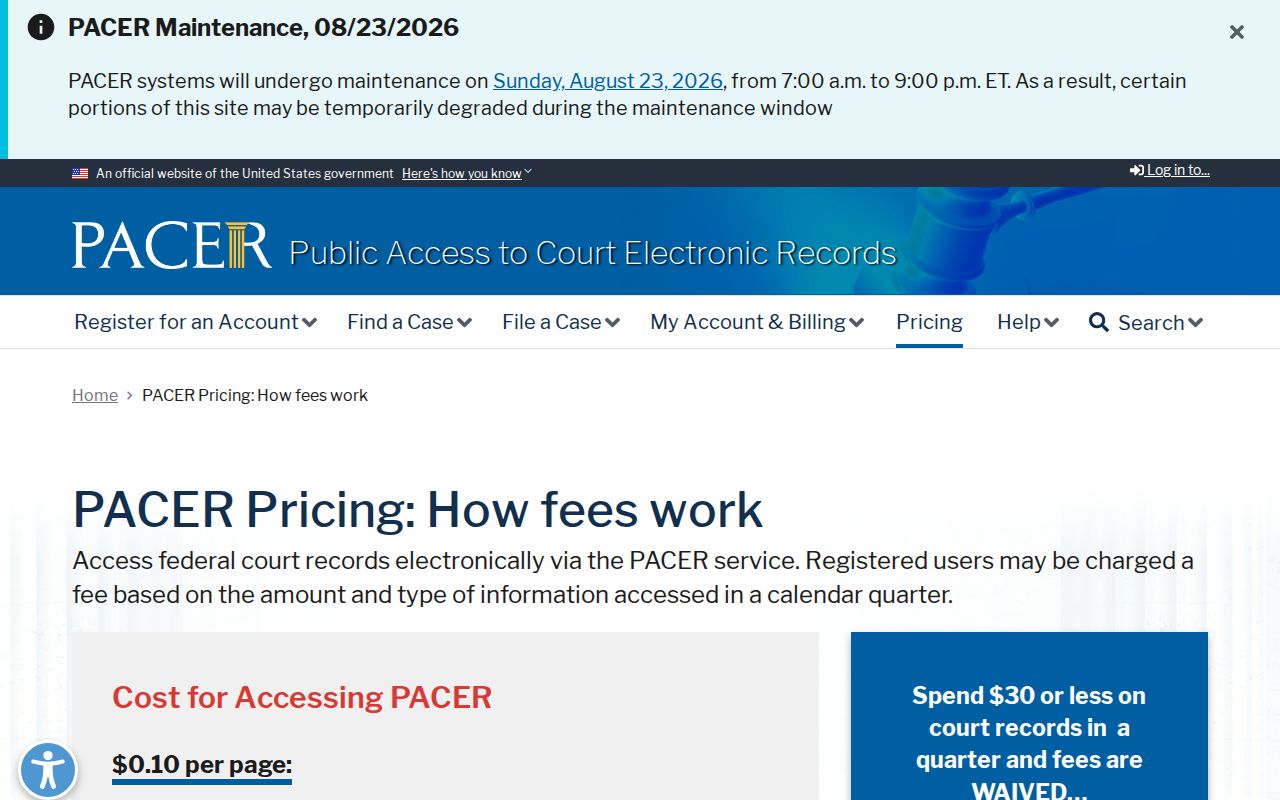 PACER fee schedule for federal court case records