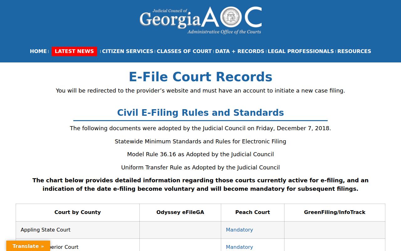Georgia Courts e-filing matrix listing PeachCourt for Atkinson Superior Court