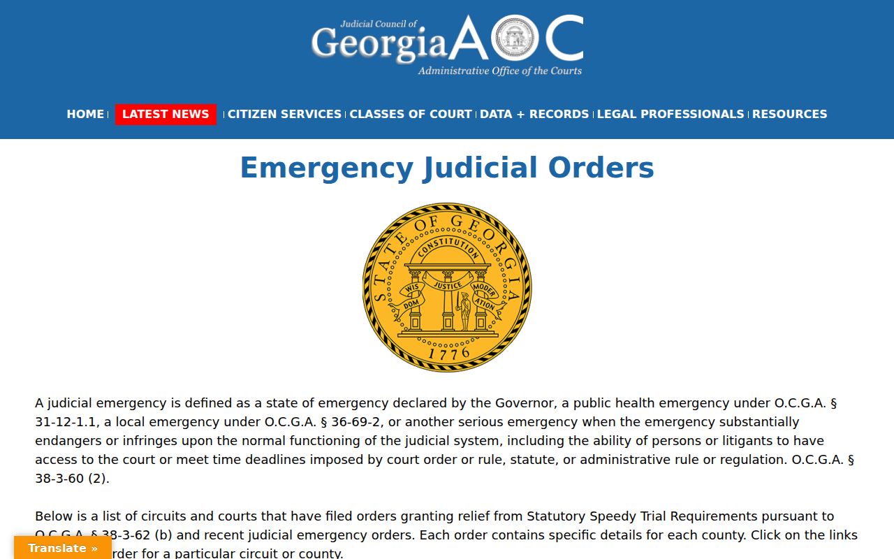 Georgia Courts emergency judicial orders index for Atkinson County