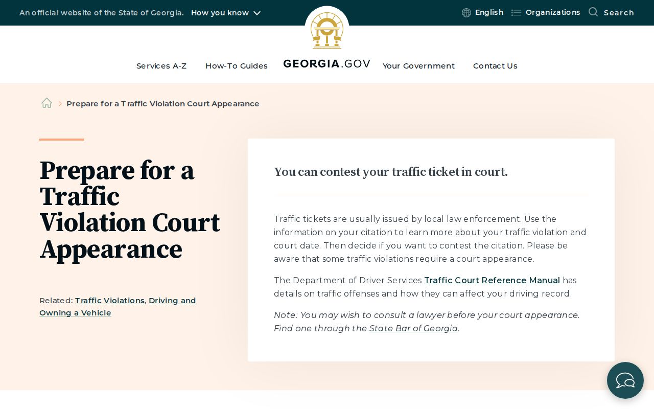 Georgia traffic court appearance guidance used for Pearson citations